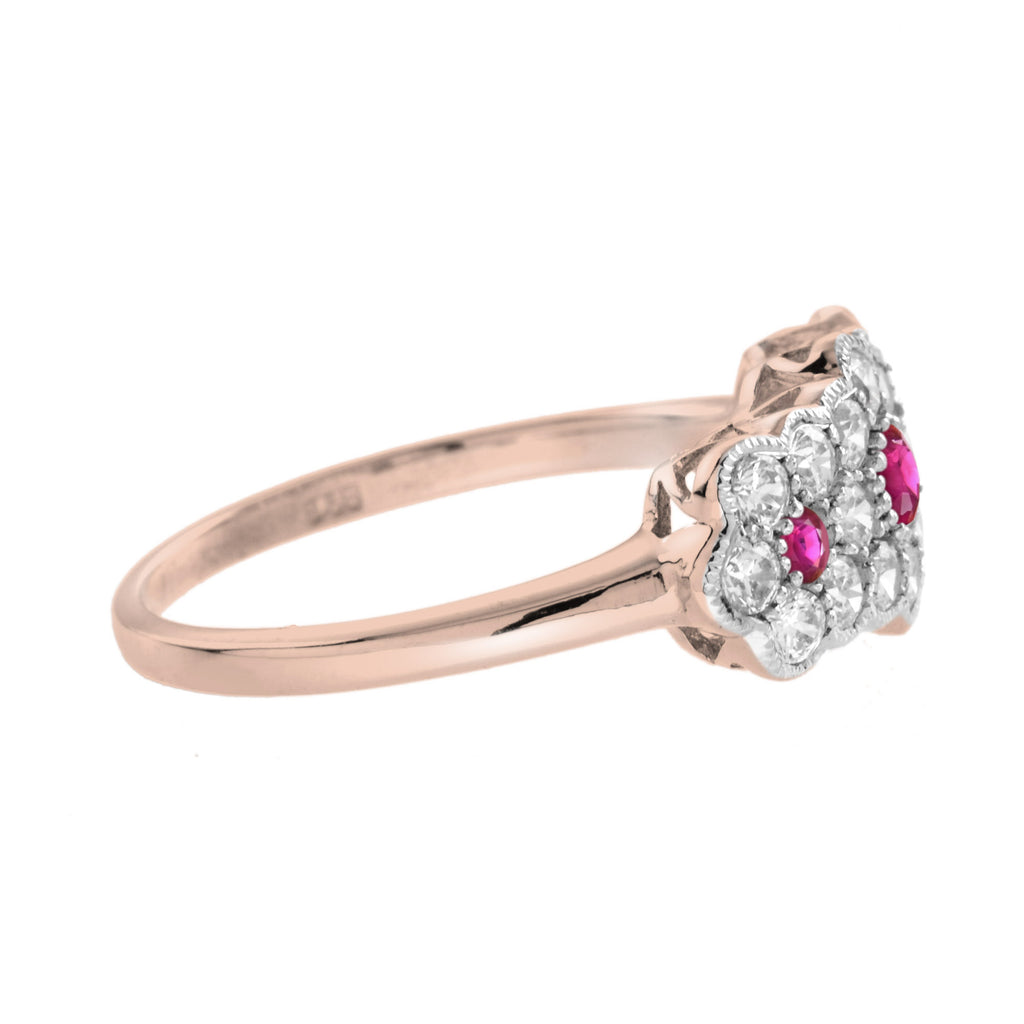 Round Pink Red Ruby & Diamond Floral Flower Three Stone 14K White Rose Ring