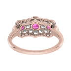 Round Pink Red Ruby & Diamond Floral Flower Three Stone 14K White Rose Ring