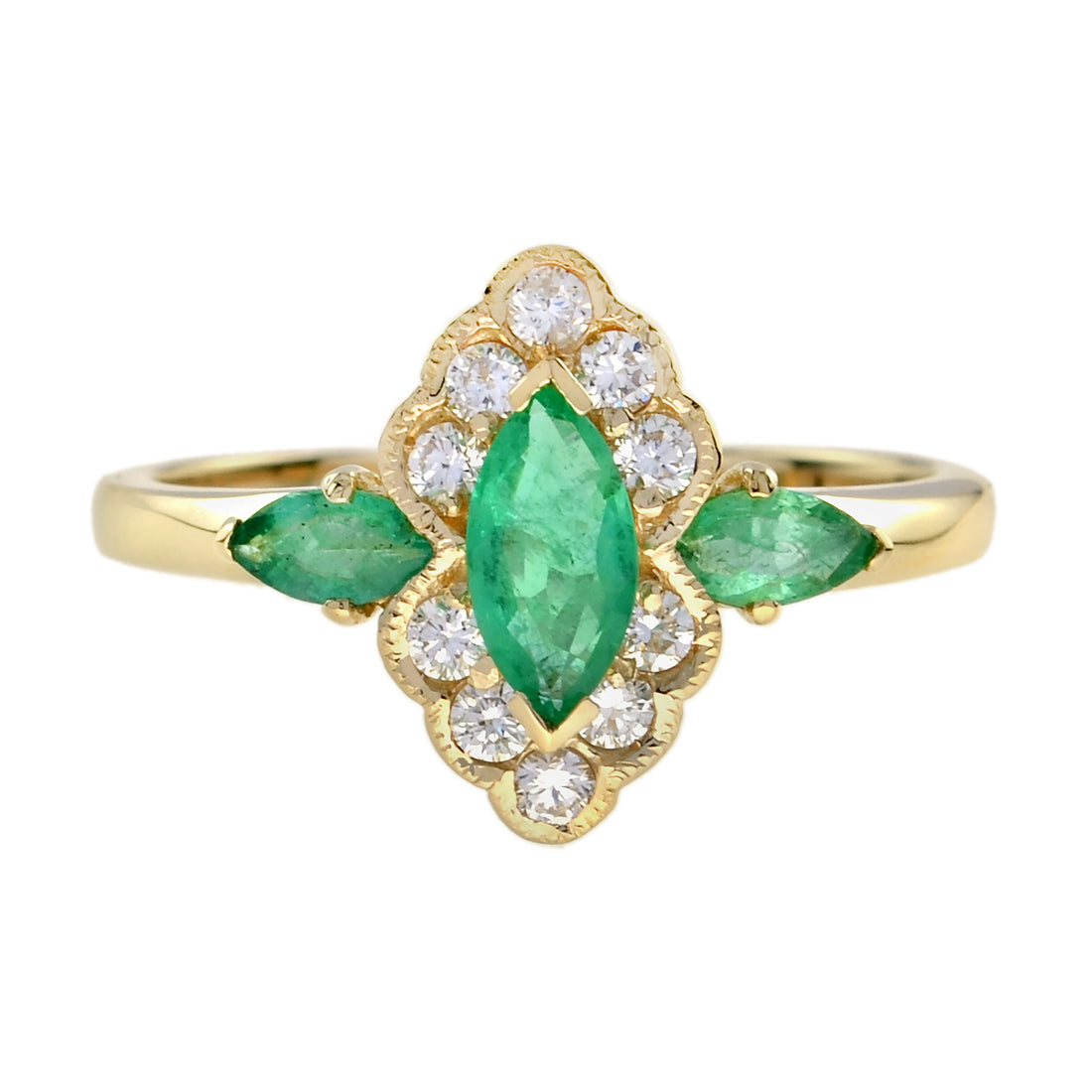 Green Emerald &amp; Diamond Halo Set Art Deco Style Marquise Shape Gold Ring