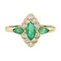 Green Emerald & Diamond Halo Set Art Deco Style Marquise Shape Gold Ring