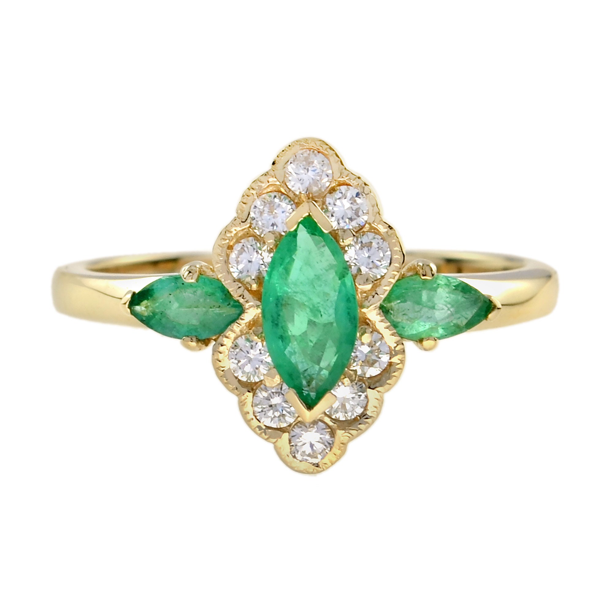 Green Emerald &amp; Diamond Halo Set Art Deco Style Marquise Shape Gold Ring