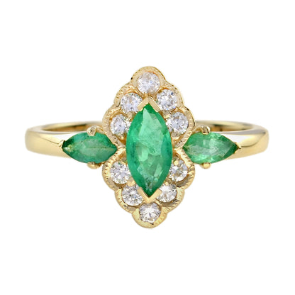 Green Emerald &amp; Diamond Halo Set Art Deco Style Marquise Shape Gold Ring