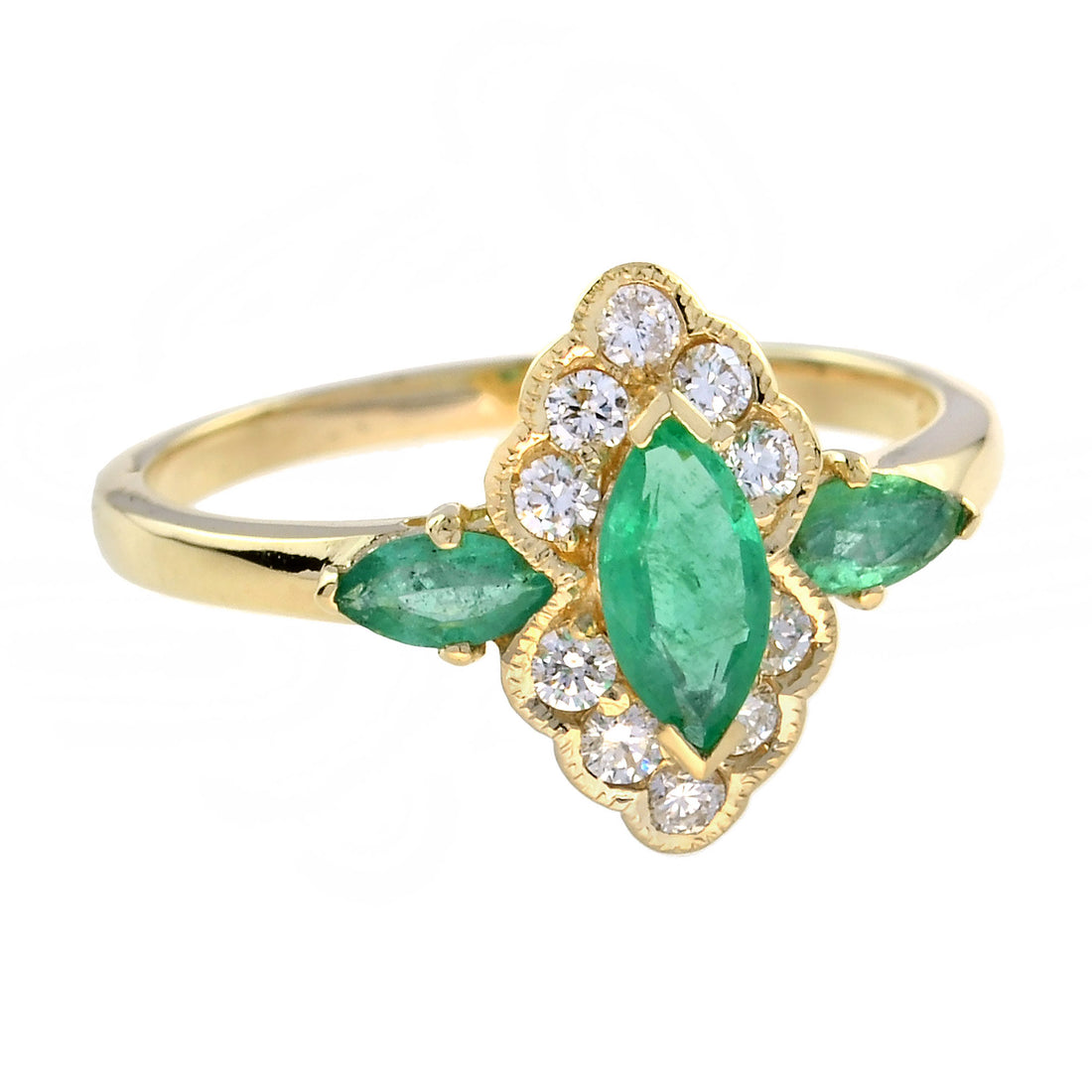 Green Emerald &amp; Diamond Halo Set Art Deco Style Marquise Shape Gold Ring