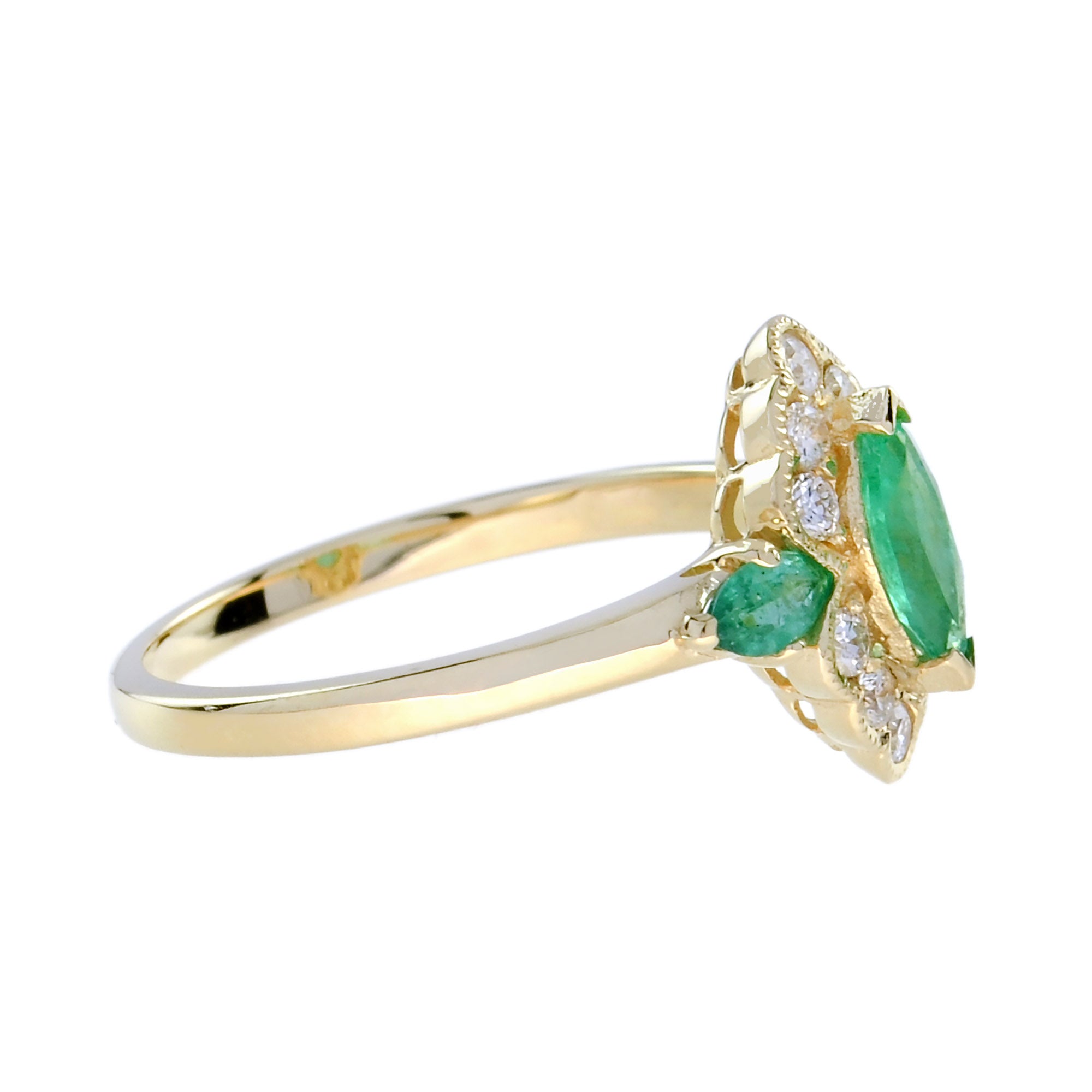 Green Emerald &amp; Diamond Halo Set Art Deco Style Marquise Shape Gold Ring
