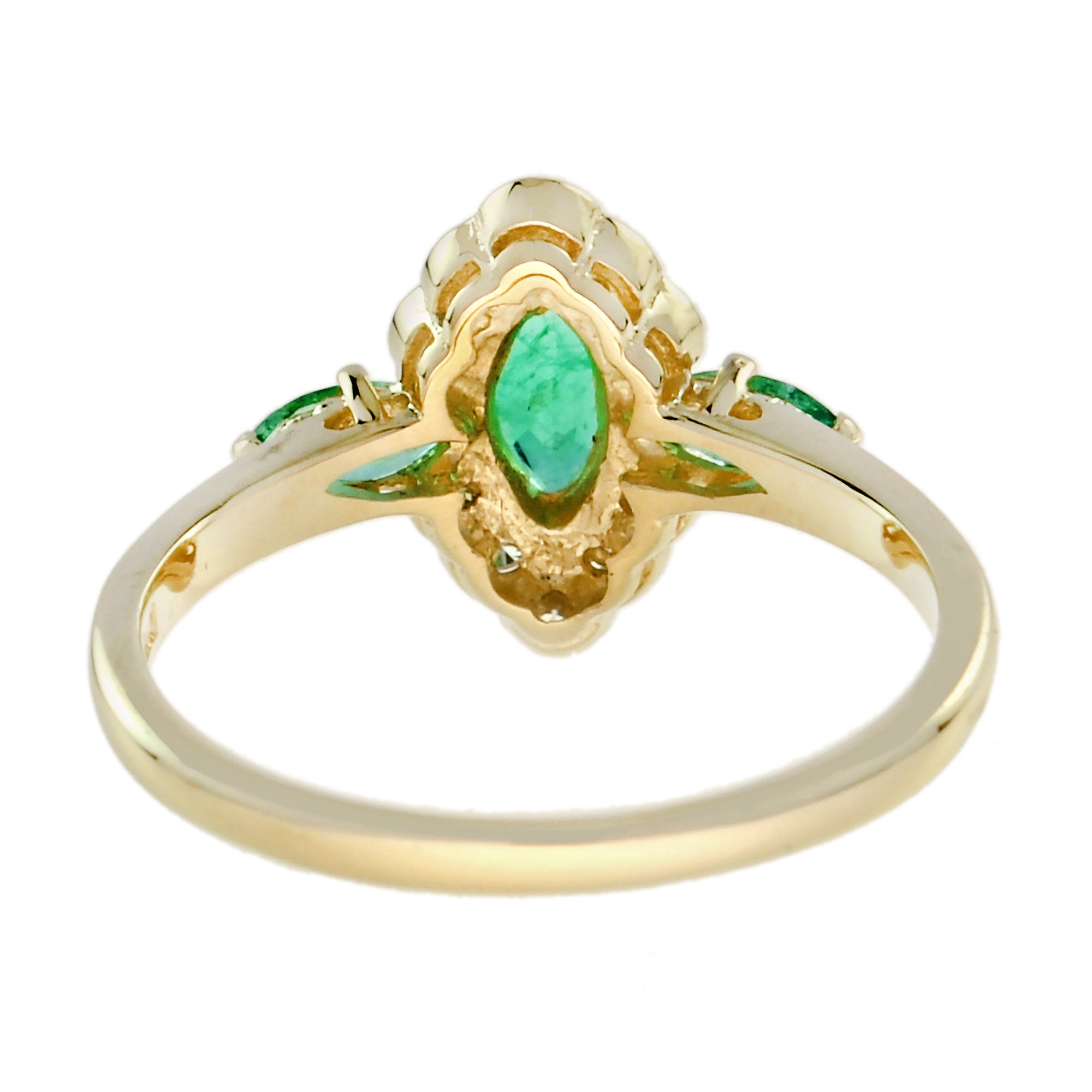 Green Emerald &amp; Diamond Halo Set Art Deco Style Marquise Shape Gold Ring