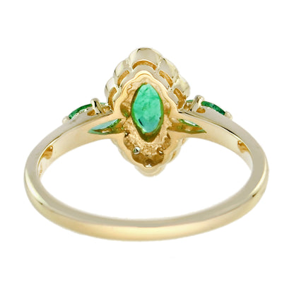 Green Emerald &amp; Diamond Halo Set Art Deco Style Marquise Shape Gold Ring