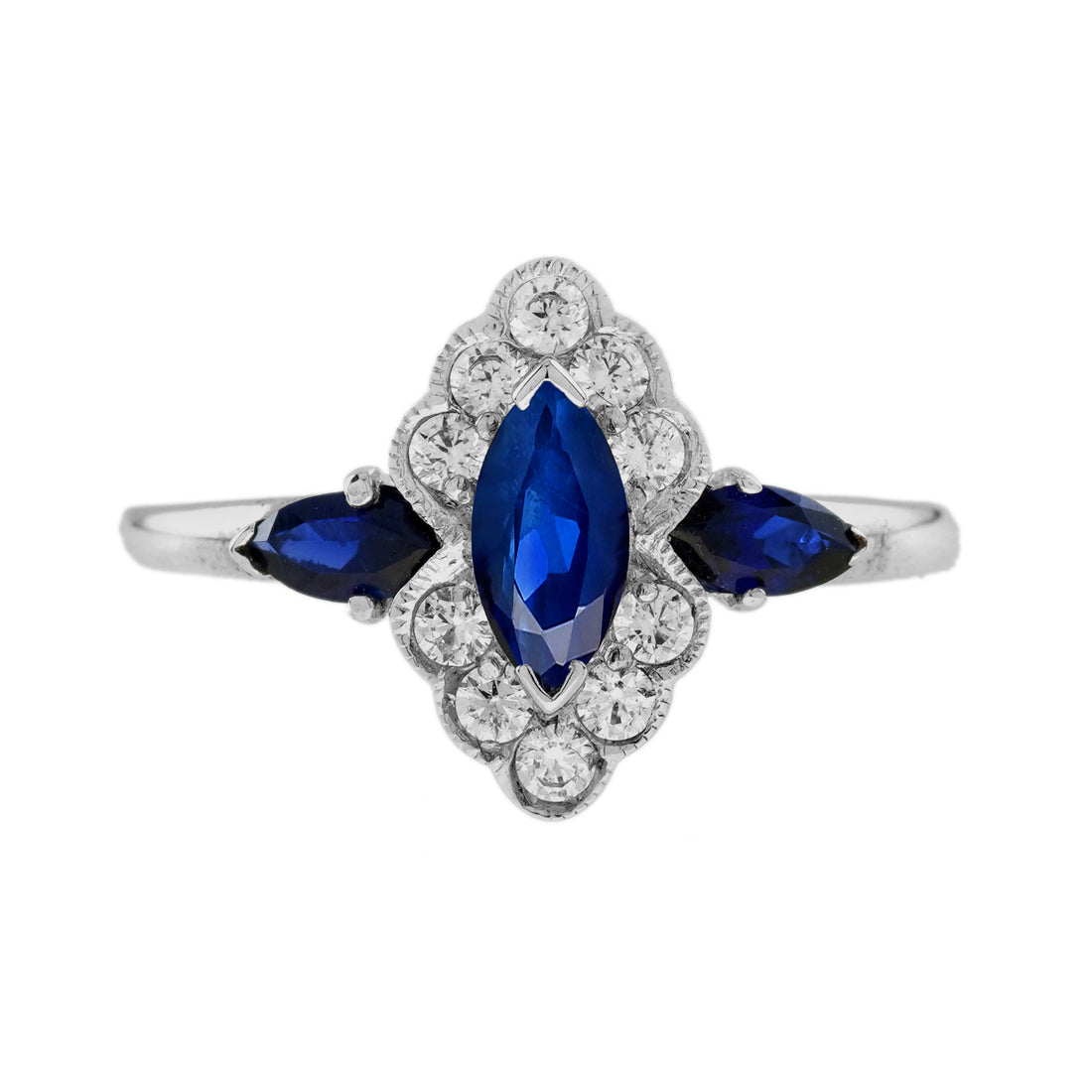 Marquise Shape Blue Sapphire &amp; Diamond Halo Set 14K White Gold Ring