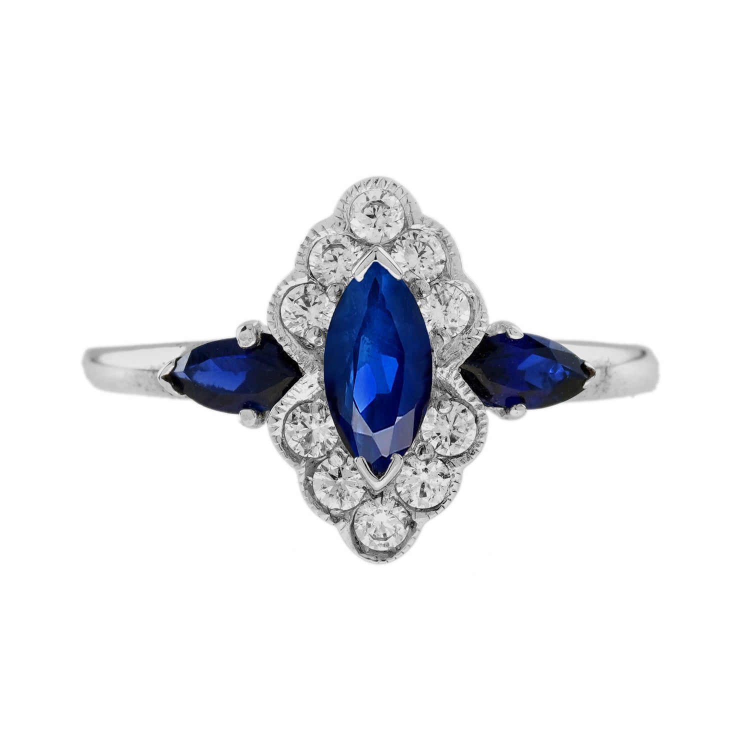 Marquise Shape Blue Sapphire &amp; Diamond Halo Set 14K White Gold Ring