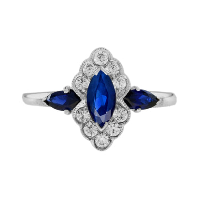 Marquise Shape Blue Sapphire &amp; Diamond Halo Set 14K White Gold Ring