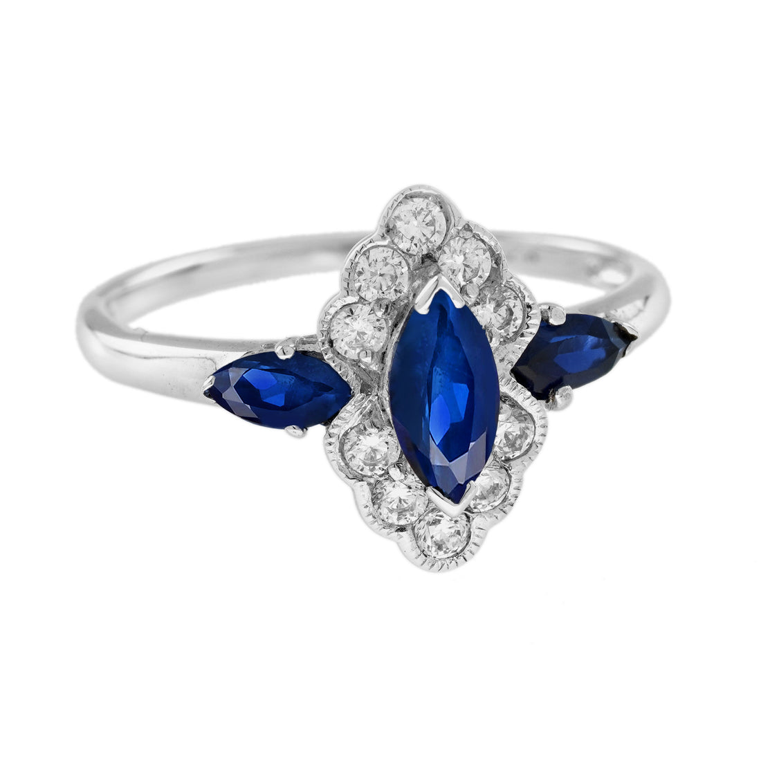 Marquise Shape Blue Sapphire &amp; Diamond Halo Set 14K White Gold Ring