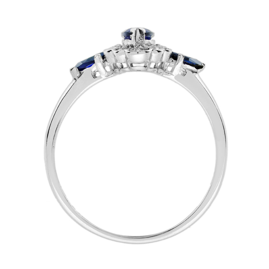 Marquise Shape Blue Sapphire & Diamond Halo Set 14K White Gold Ring
