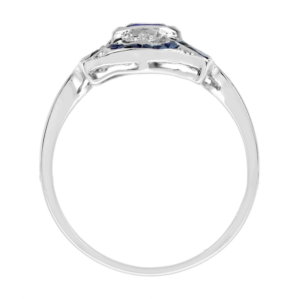 Blue Sapphire Diamond Edwardian Style Openwork Art Deco Inspired White Gold Ring