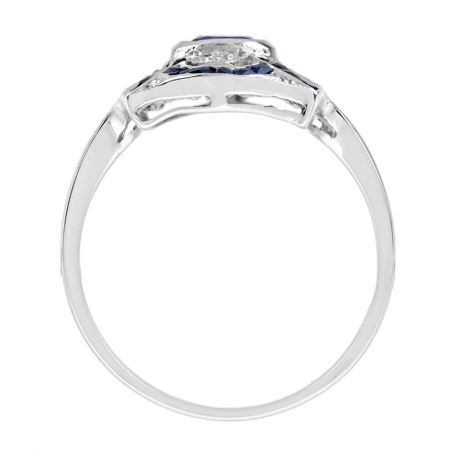 Blue Sapphire Diamond Edwardian Style Openwork Art Deco Inspired White Gold Ring