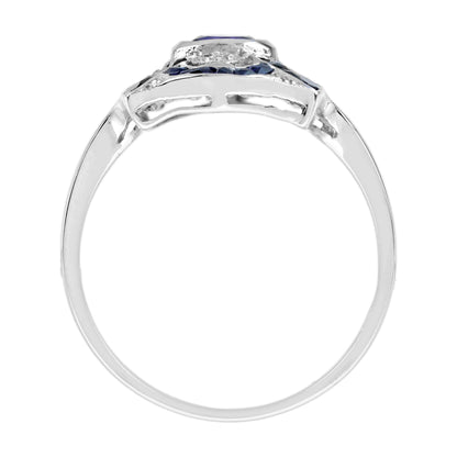 Blue Sapphire Diamond Edwardian Style Openwork Art Deco Inspired White Gold Ring