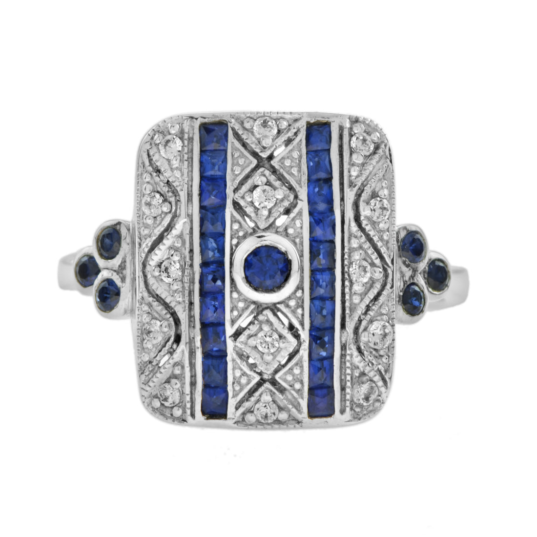 Art Deco Style Blue Sapphire &amp; Diamond Square 14K White Gold Ring