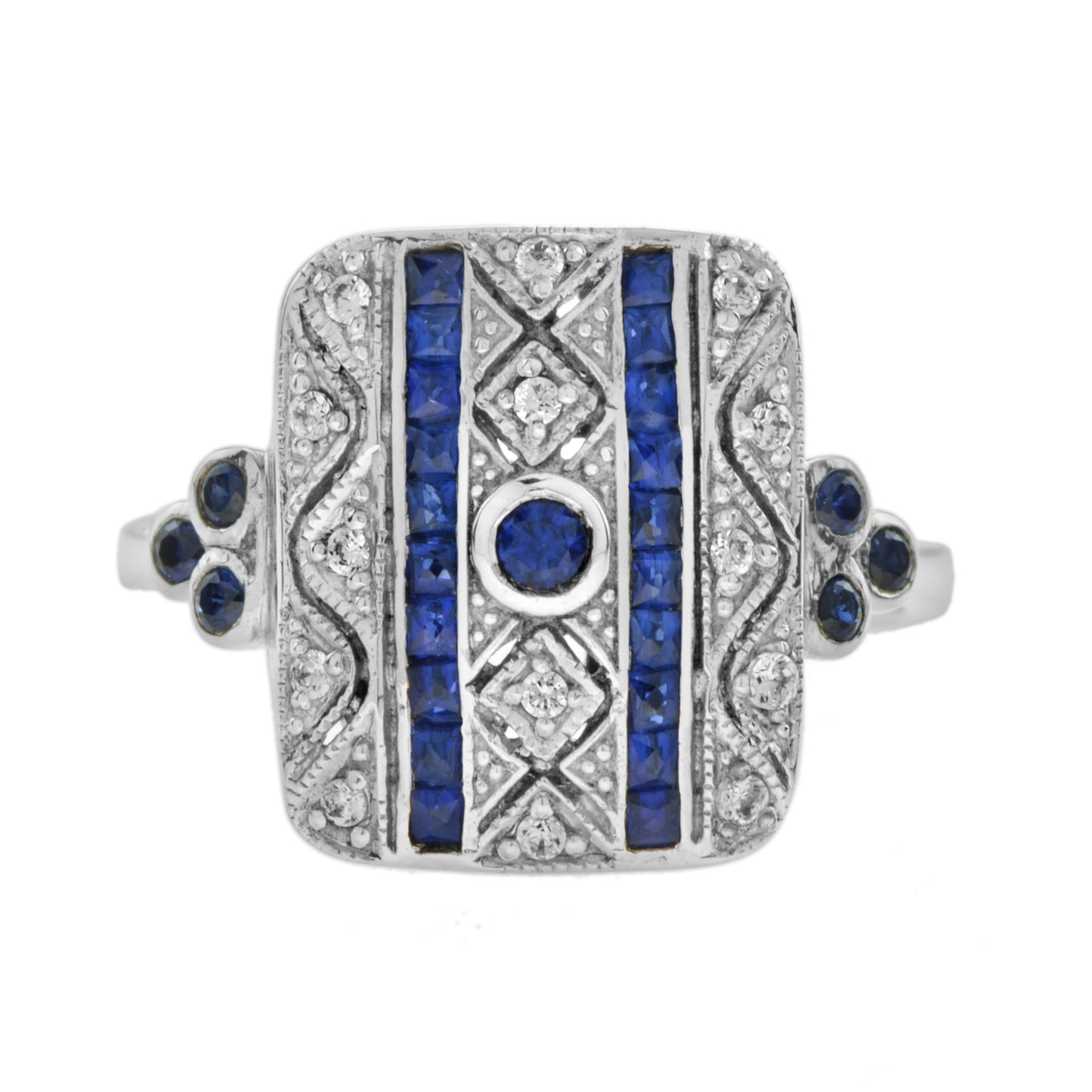 art deco style blue sapphire & diamond square 14k white gold ring