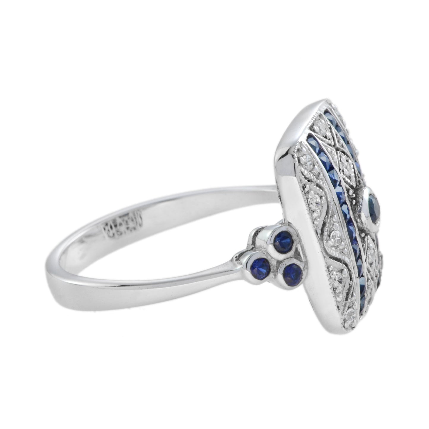 art deco style blue sapphire & diamond square 14k white gold ring