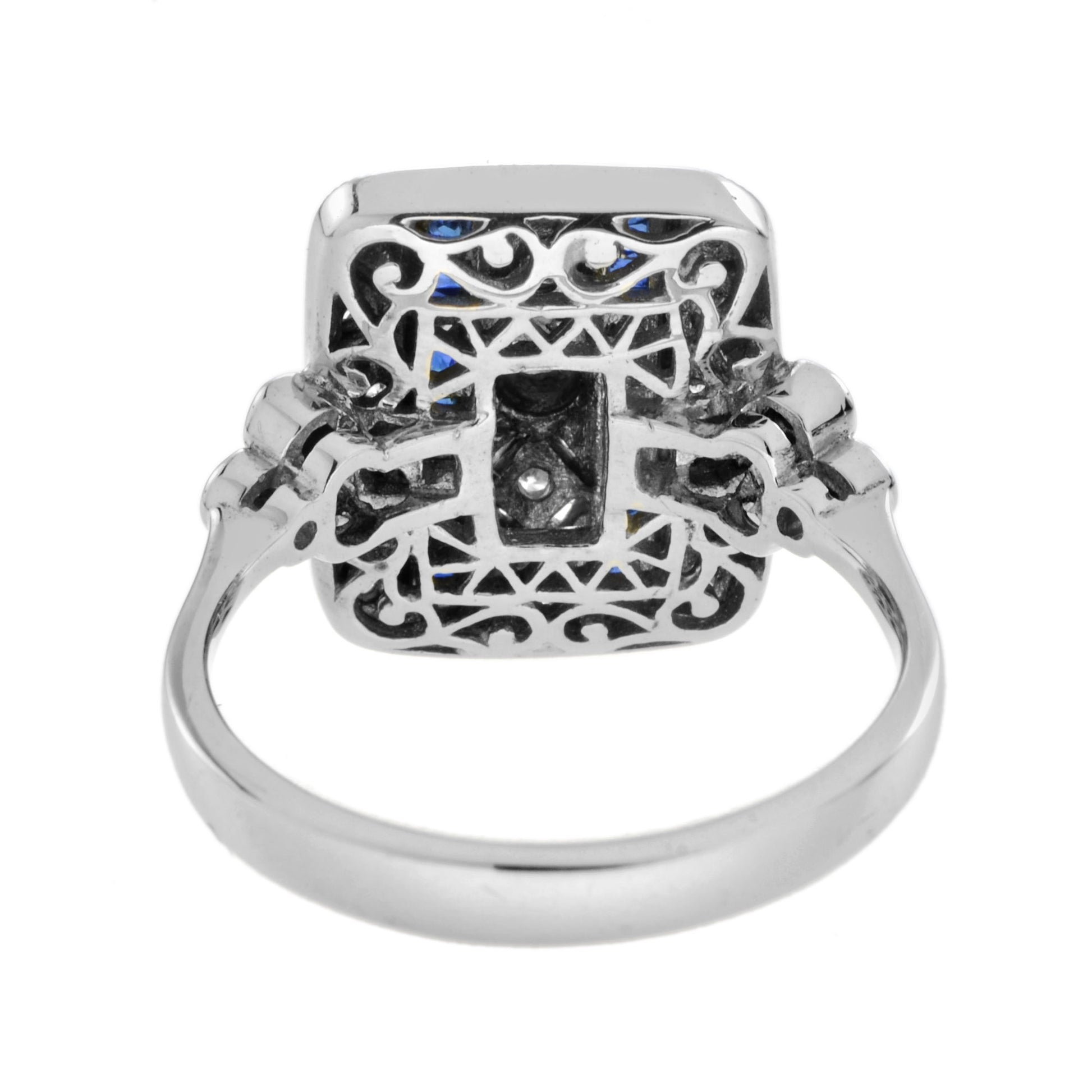 Art Deco Style Blue Sapphire & Diamond Square 14K White Gold Ring