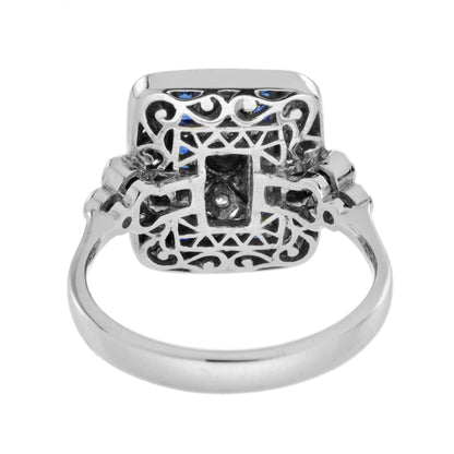 Art Deco Style Blue Sapphire & Diamond Square 14K White Gold Ring