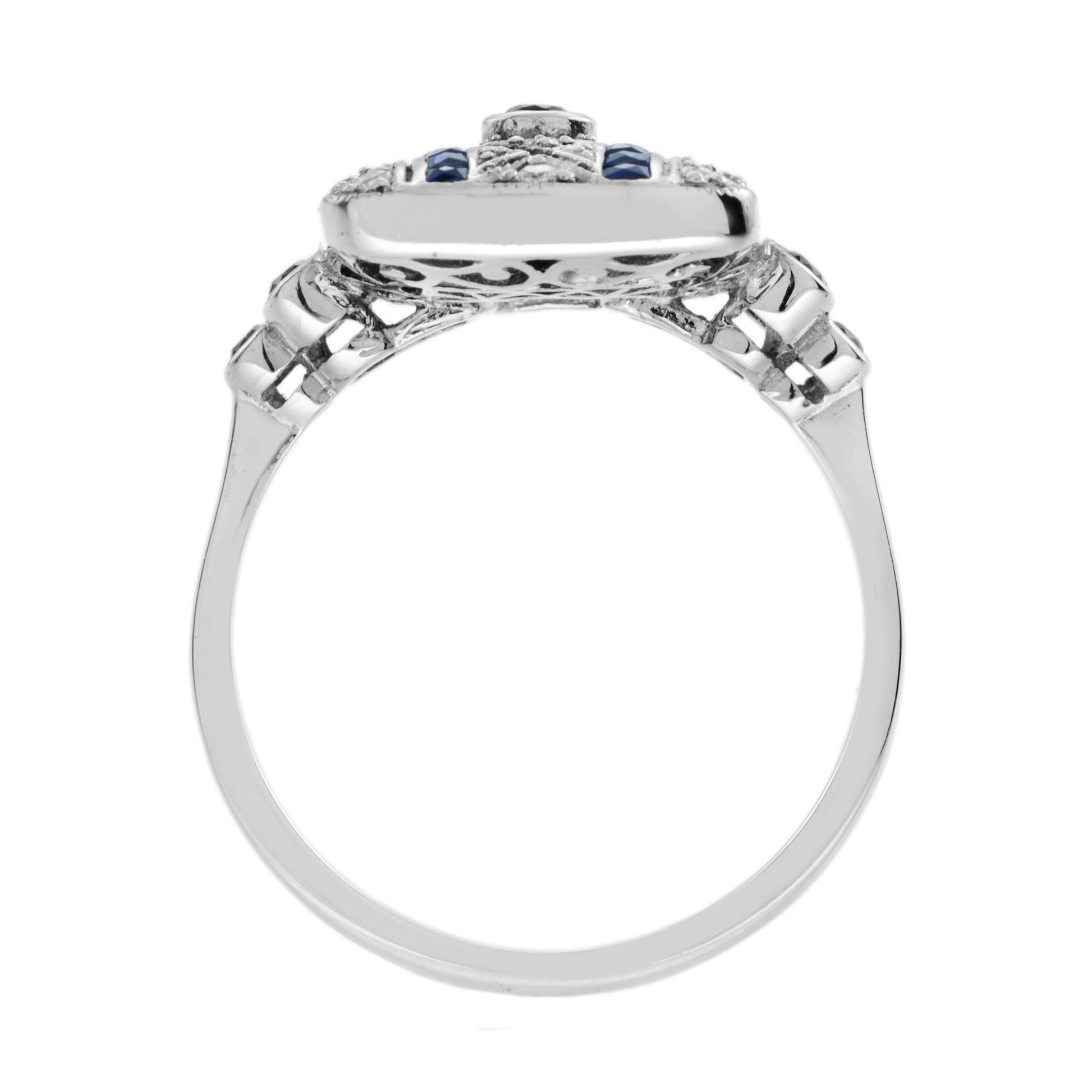 Art Deco Style Blue Sapphire & Diamond Square 14K White Gold Ring