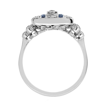 Art Deco Style Blue Sapphire & Diamond Square 14K White Gold Ring