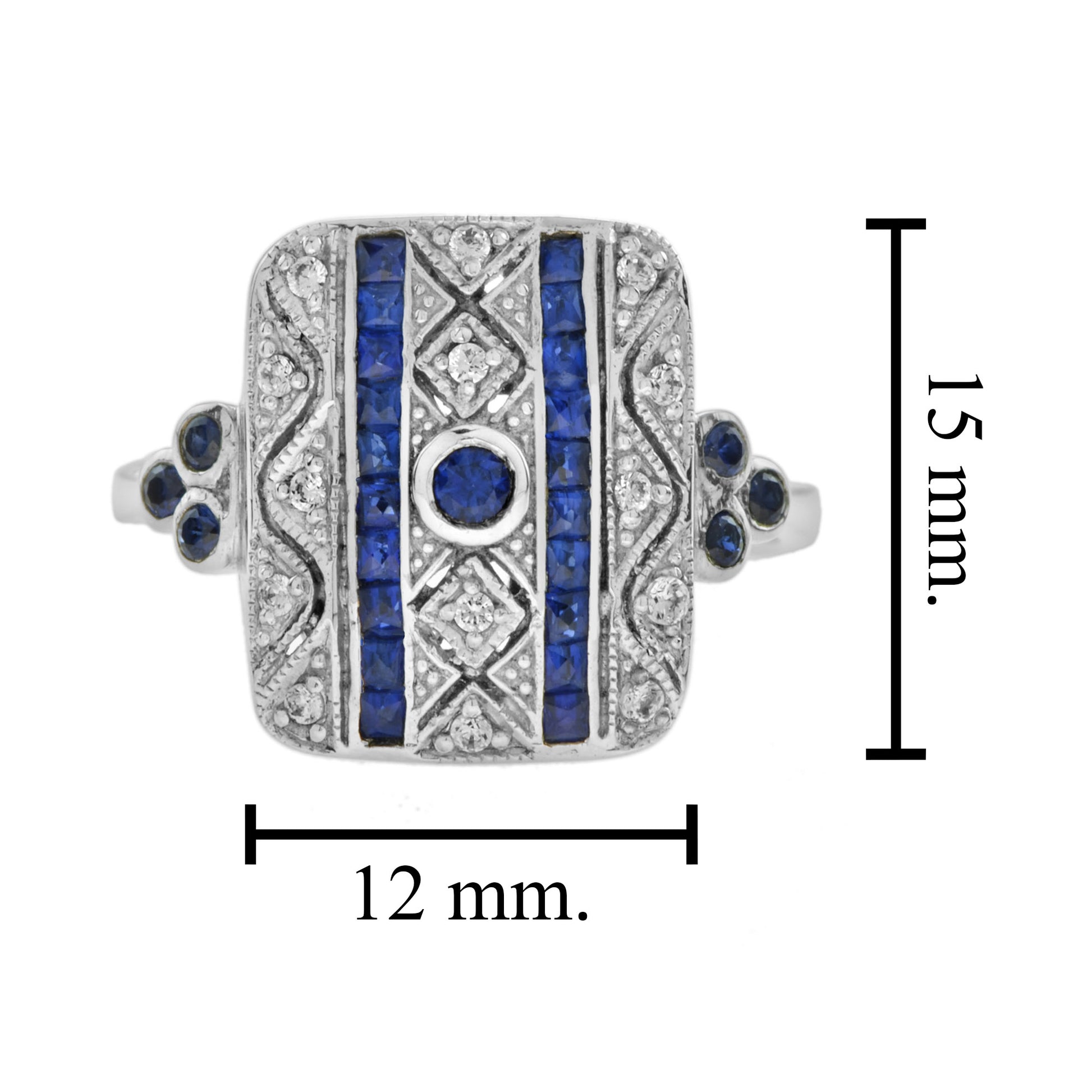 Art Deco Style Blue Sapphire & Diamond Square 14K White Gold Ring