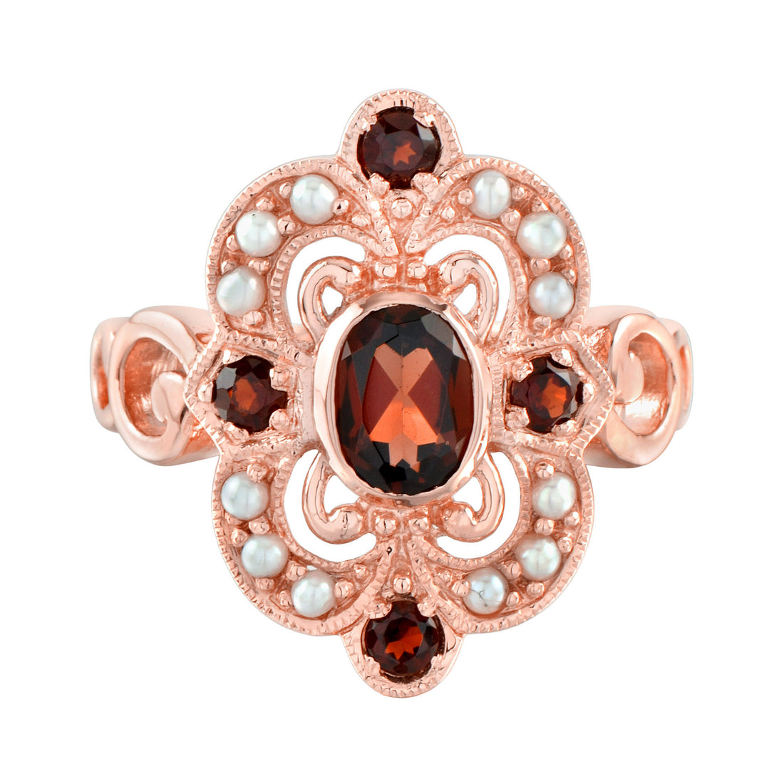 Red Garnet & Pearl Vintage Style Cocktail 14K Rose Gold Ring