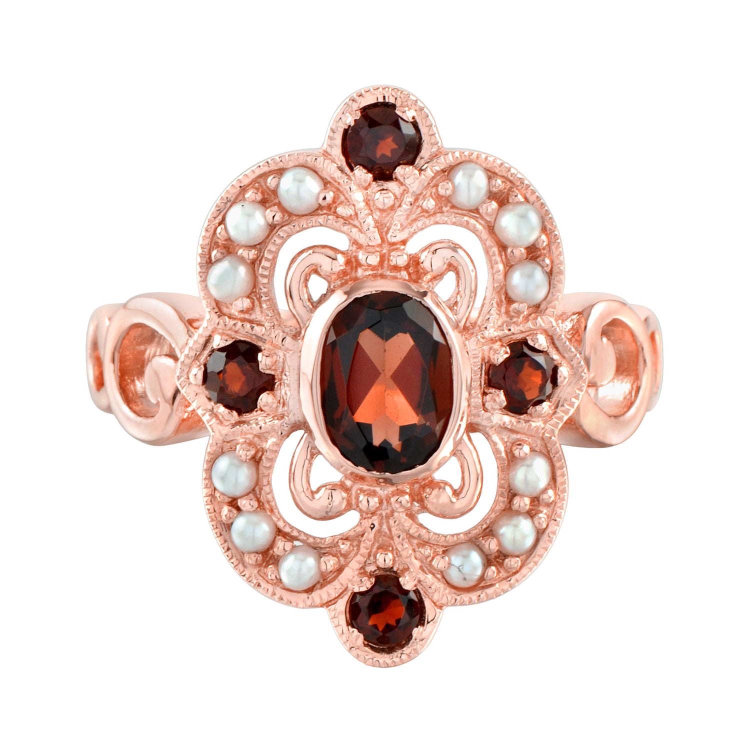 Red Garnet &amp; Pearl Vintage Style Cocktail 14K Rose Gold Ring