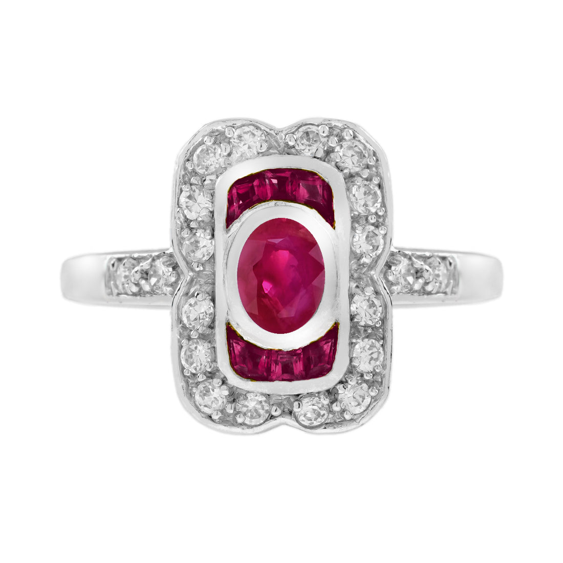 Oval Ruby & Diamond Vintage Inspired Style Statement 14K White Gold Ring