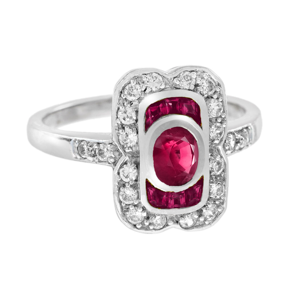 1.29 ctw Art Deco Vintage Inspired Ruby & Diamond 14K White Gold Ring