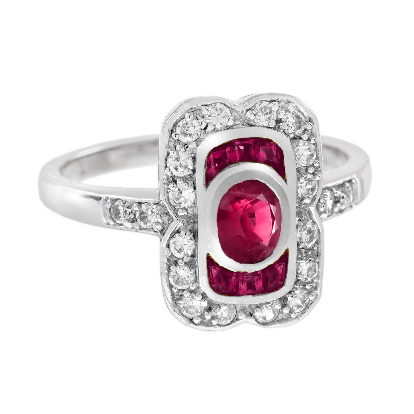 oval ruby & diamond vintage inspired style statement 14k white gold ring