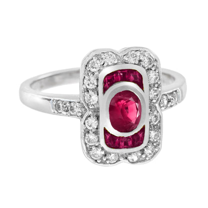 Oval Ruby & Diamond Vintage Inspired Style Statement 14K White Gold Ring