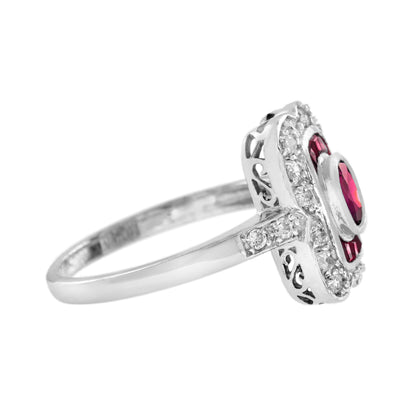 Oval Ruby & Diamond Vintage Inspired Style Statement 14K White Gold Ring