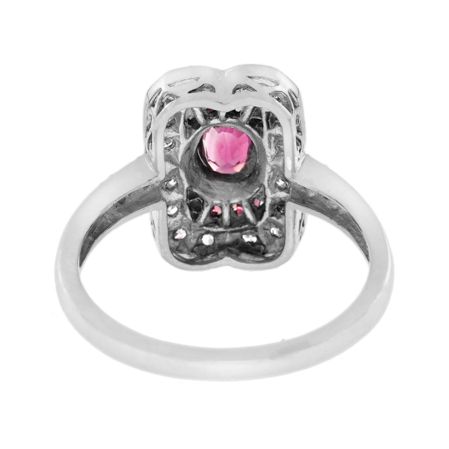 oval ruby & diamond vintage inspired style statement 14k white gold ring