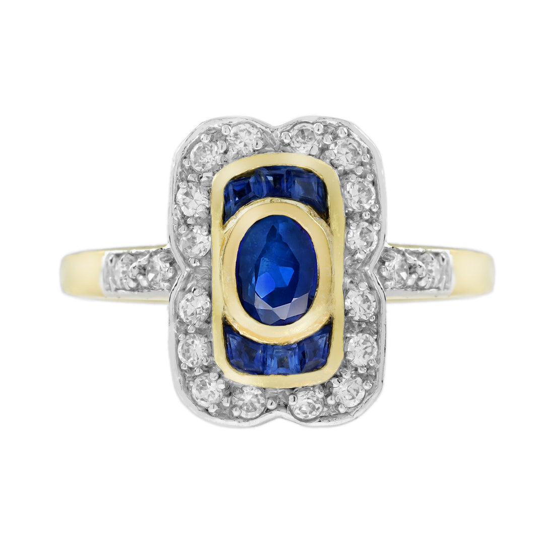 Oval Blue Sapphire & Diamond Art Deco Style Engagement 14K Yellow Gold Ring