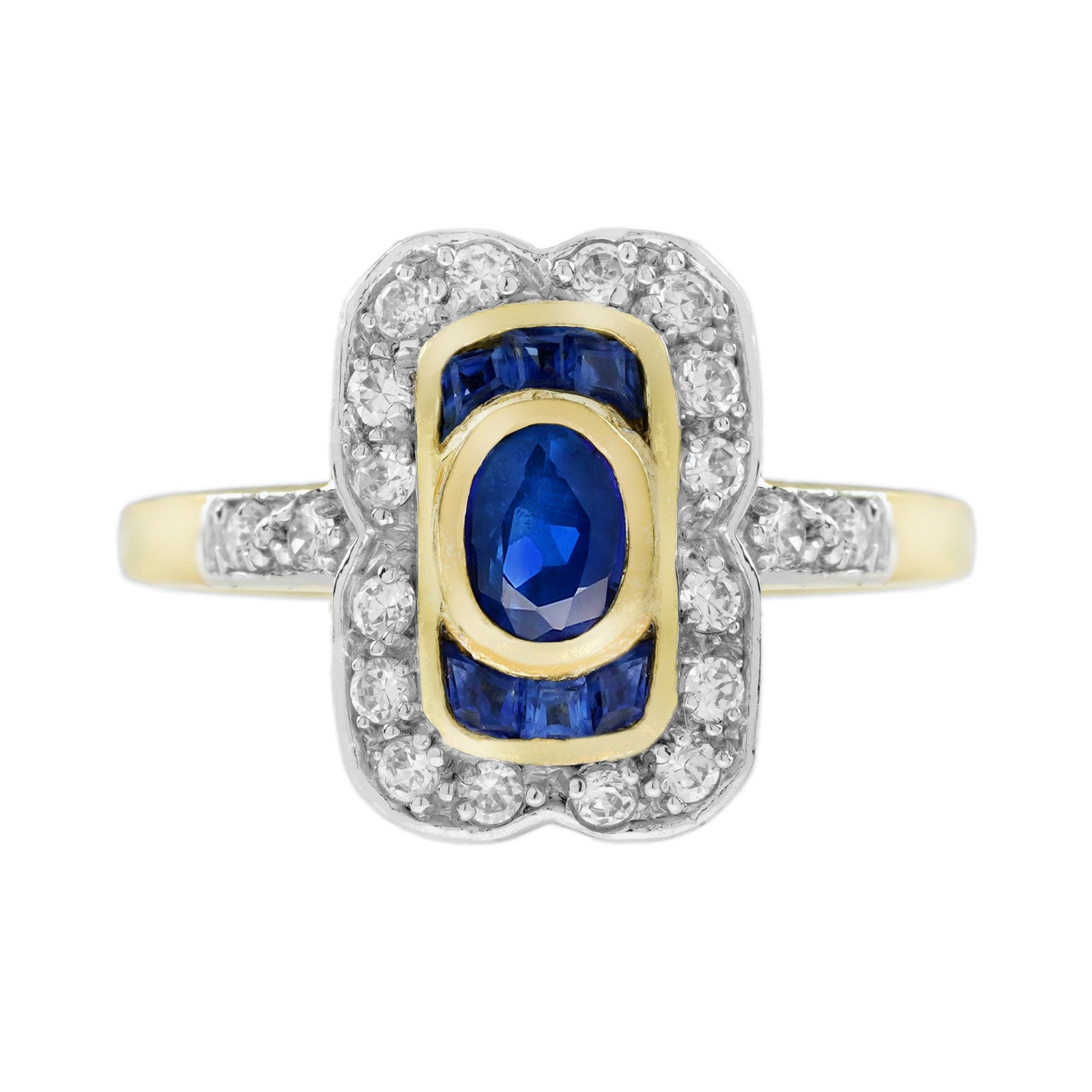 Oval Blue Sapphire &amp; Diamond Art Deco Style Engagement 14K Yellow Gold Ring