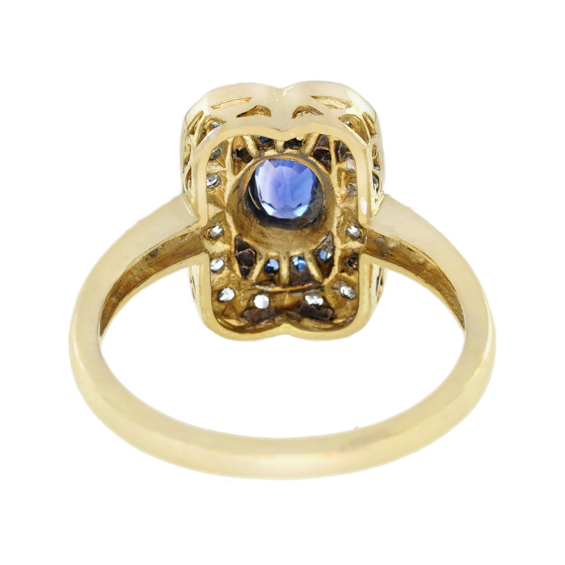 Oval Blue Sapphire & Diamond Art Deco Style Engagement 14K Yellow Gold Ring