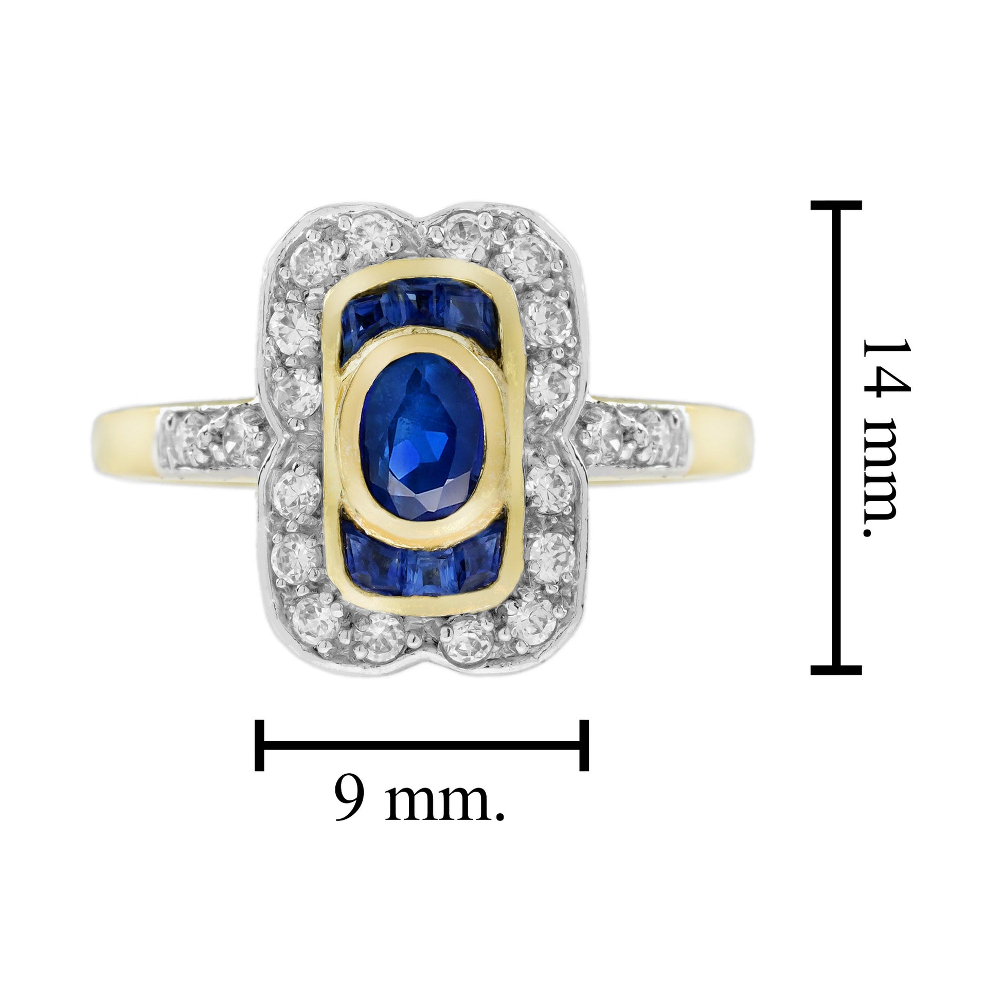 Oval Blue Sapphire & Diamond Art Deco Style Engagement 14K Yellow Gold Ring