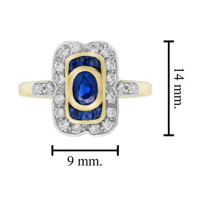 Oval Blue Sapphire & Diamond Art Deco Style Engagement 14K Yellow Gold Ring