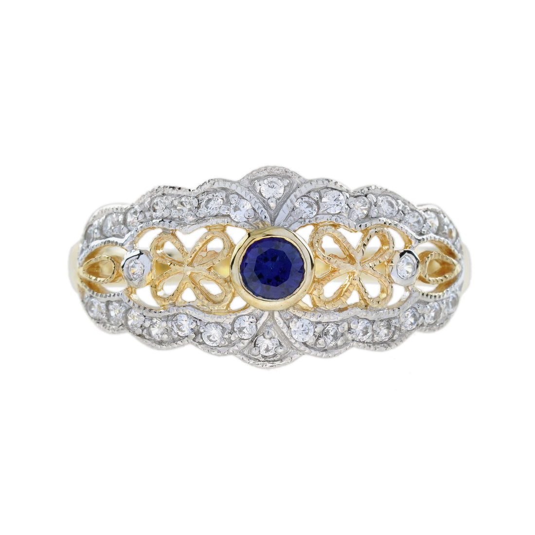 Blue Sapphire & Diamond Vintage Style Filigree 14K Yellow Gold Ring