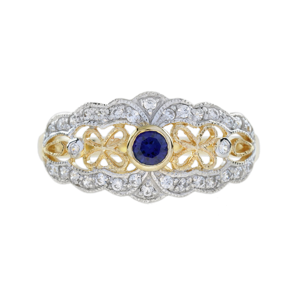 0.35 Ctw Vintage Style Diamond & Blue Sapphire 14K Yellow Gold Ring