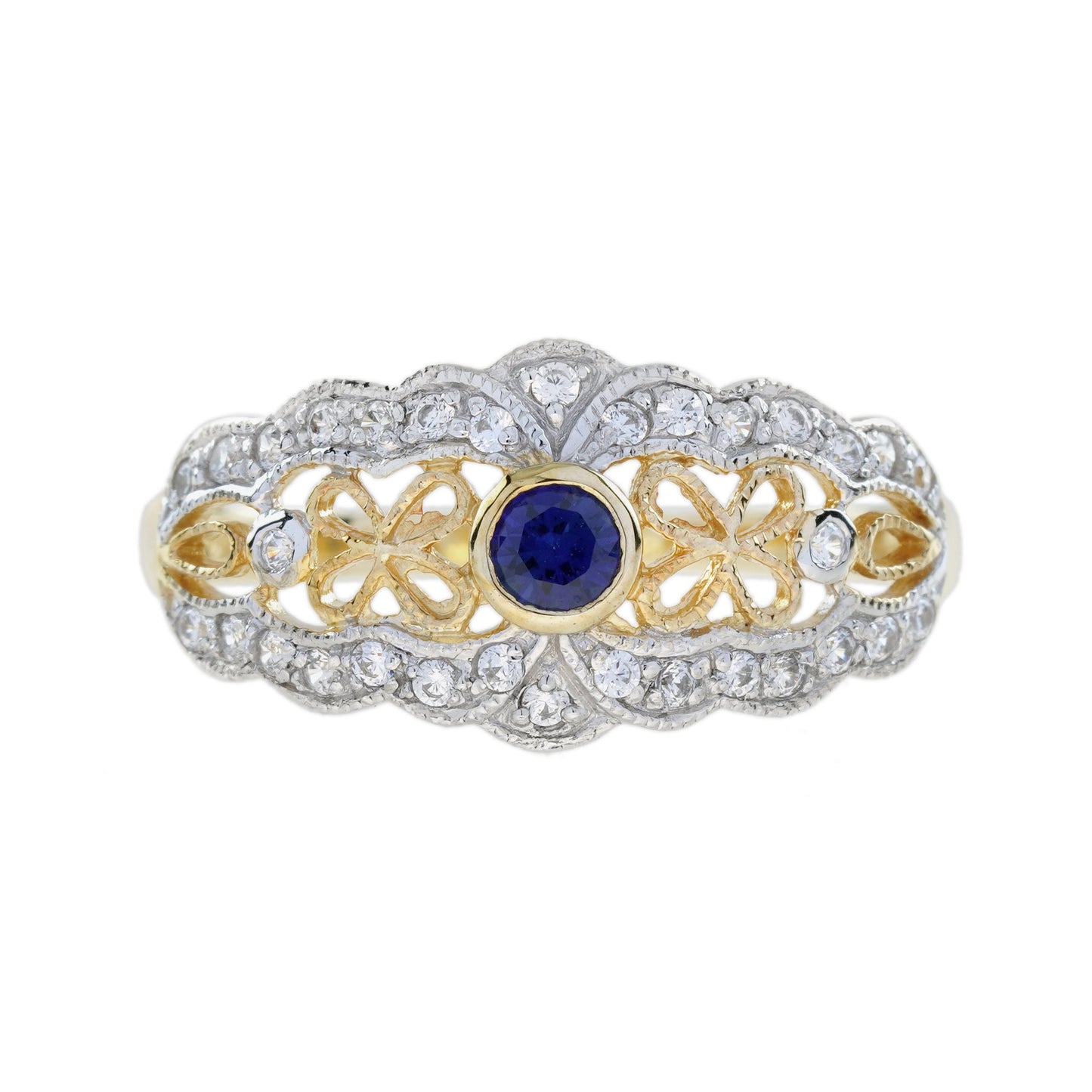 blue sapphire & diamond vintage style filigree 14k yellow gold ring