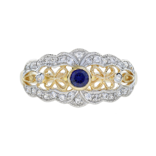 Blue Sapphire & Diamond Vintage Style Filigree 14K Yellow Gold Ring