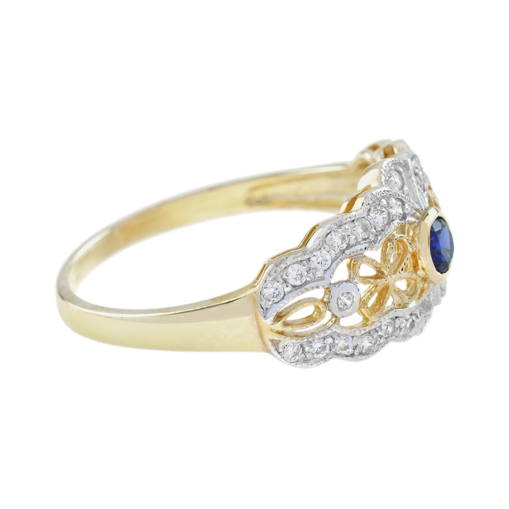 0.35 Ctw Vintage Style Diamond & Blue Sapphire 14K Yellow Gold Ring