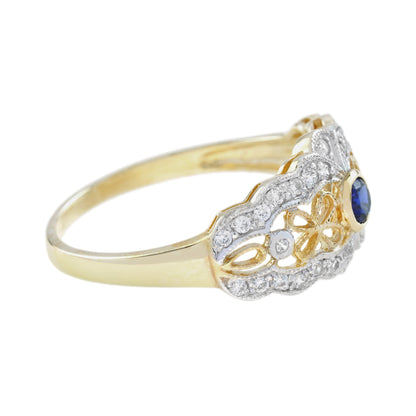 Blue Sapphire & Diamond Vintage Style Filigree 14K Yellow Gold Ring