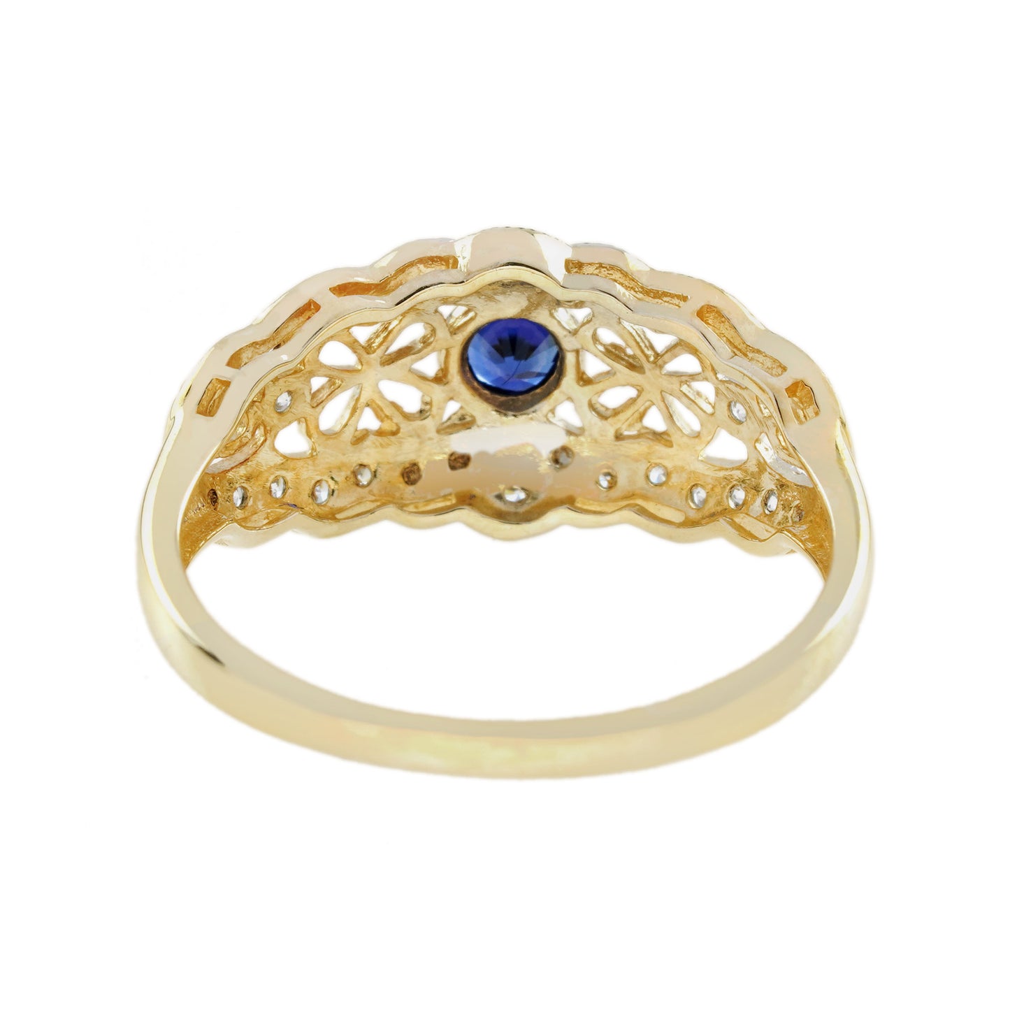 blue sapphire & diamond vintage style filigree 14k yellow gold ring