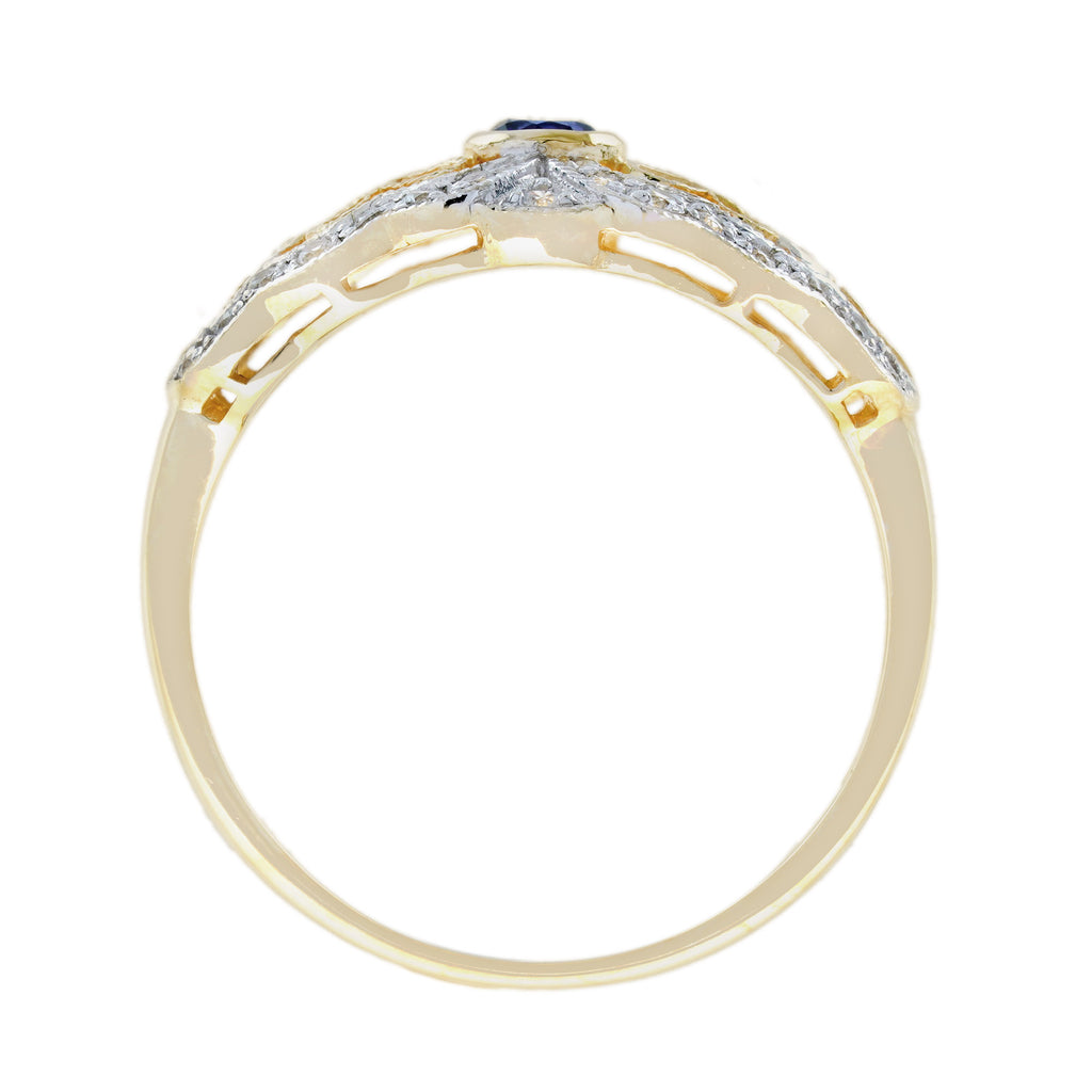 0.35 Ctw Vintage Style Diamond & Blue Sapphire 14K Yellow Gold Ring
