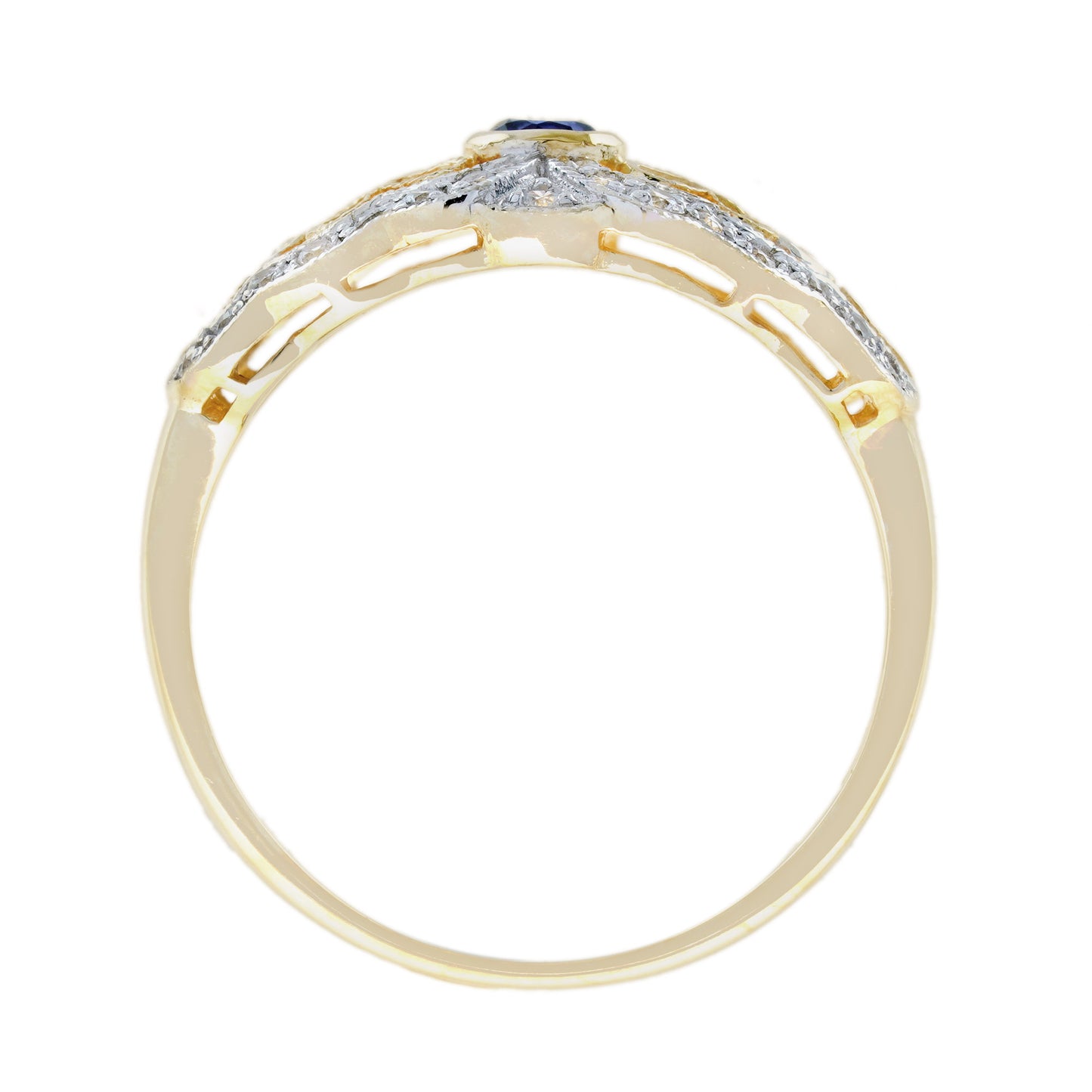 blue sapphire & diamond vintage style filigree 14k yellow gold ring