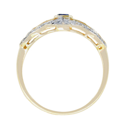 Blue Sapphire & Diamond Vintage Style Filigree 14K Yellow Gold Ring
