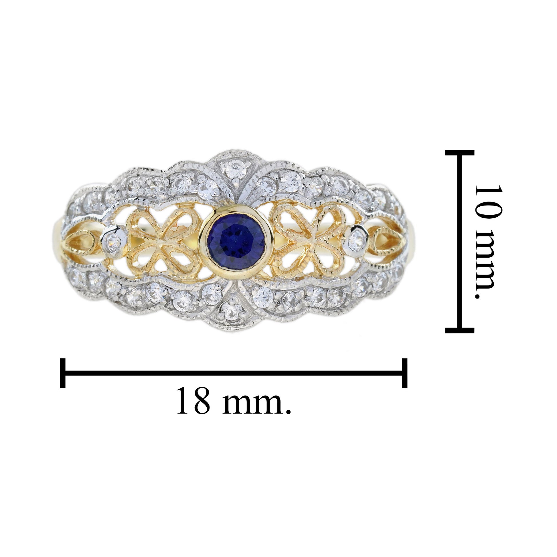 Blue Sapphire & Diamond Vintage Style Filigree 14K Yellow Gold Ring